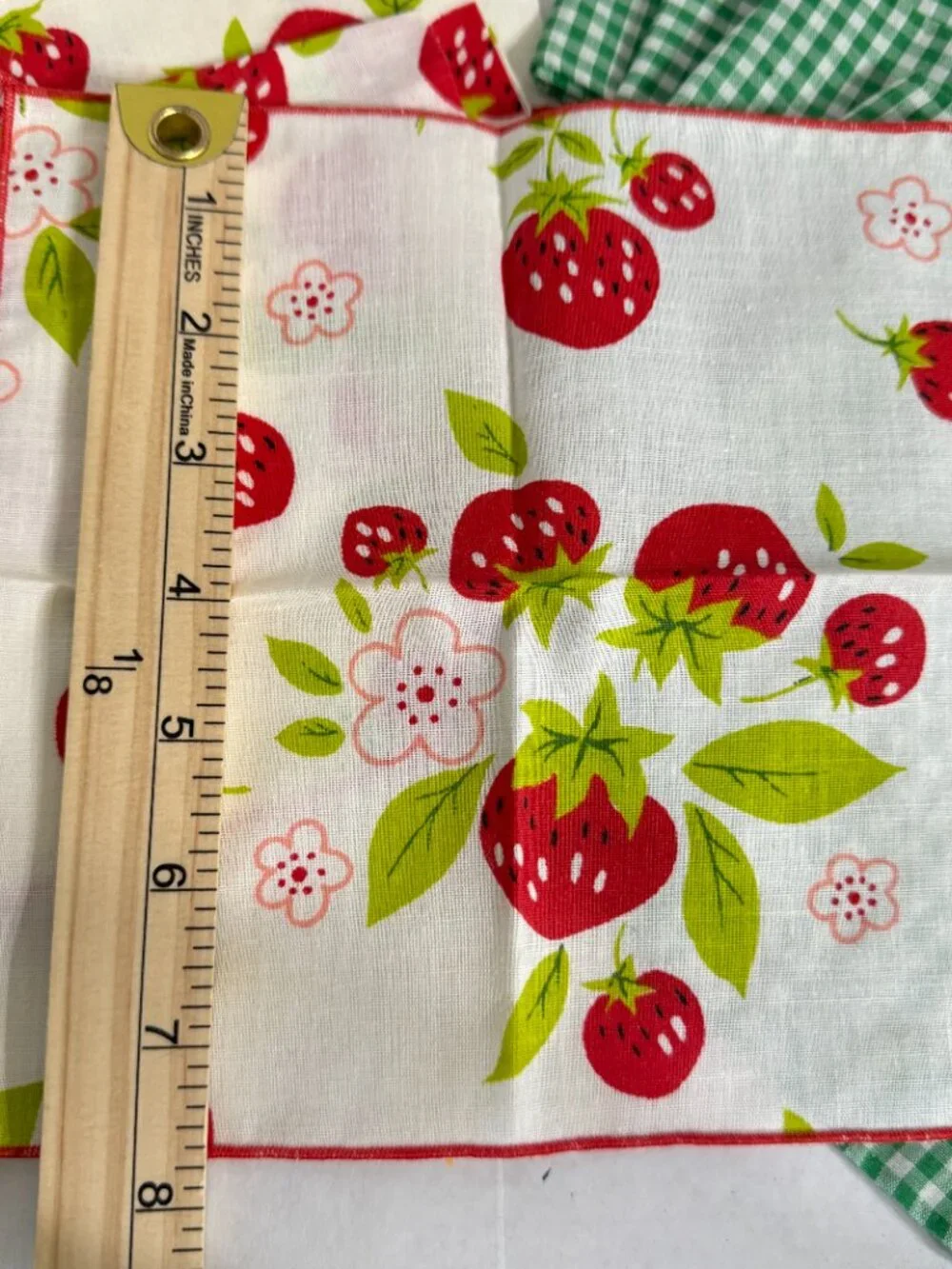Vintage Strawberry Print Green Gingham Napkins Set 12 Lightweight Square Pink